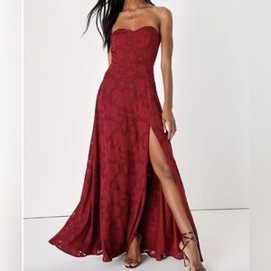 Lulus Strapless Burgundy Floral Evening Gown